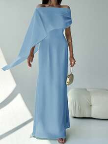 Aloruh New Off Shoulder Boat Neck Flowy Fitted Sense Of Design Birthday Mini Dress Party Cocktail Versatile Green Maxi Mermaid Hem Dress - Baby Blue - View 6