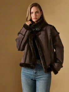 Briarwyn Women's Casual Fashionable Street Commute Suede Faux Fur Jacket, Autumn/Winter,Brown Jacket,Old Money Style Women - Coffee Brown - View 4