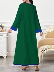 SHEIN Najma Váy dài tay cổ chữ V họa tiết hình học chắp vá màu xanh lá cây thanh lịch theo phong cách Ả Rập dành cho nữ, Xuân/Hè - Nhiều màu - Xem 2