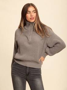 Coeurva Half Zip Drop Shoulder Grain Sweater,Long Sleeve Tops,Knitted Sweater - Brown - View 5