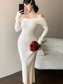 DAZY 优雅露肩扭结设计中长毛衣裙，适合冬季、新年、圣诞节、婚礼、派对、时尚活动 - 米色 - 查看 10