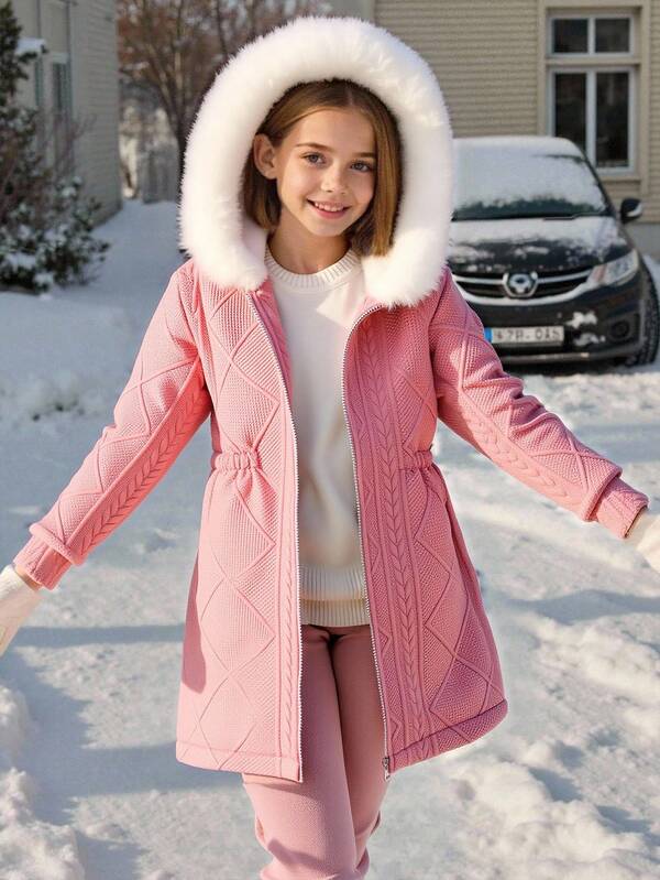 SHEIN Tween Girls' Casual All-Match Versatile School & Daily Wear Warm Fuzzy Collar Mid-Length Hooded Knit Jacket, Autumn/Winter