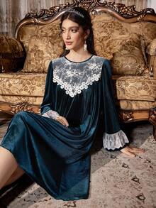 PalaceNights Côtesoire 女士圆领撞色蕾丝边天鹅绒长袖睡袍 - 墨綠色 - 查看 3