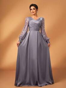 Serin 女士优雅奢华灰色闪亮串珠亮片装饰缎面长袖交叉 V 领褶皱 A 字下摆新娘母亲婚礼宾客派对礼服 - 灰色 - 查看 7