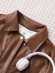 Teen Girls' Casual Loose Fit Khaki PU Jacket, Versatile For Commute And Daily Wear - Brown - View 3