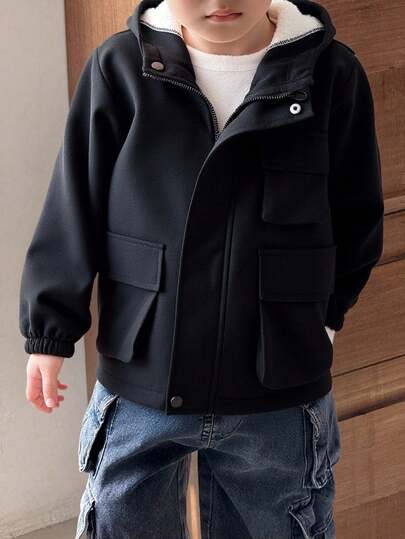 SHEIN 男童休闲舒适保暖连帽拉链派克大衣，带口袋，中长款加厚羽绒服，适合秋冬季节穿着。