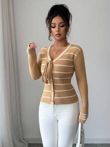 SHEIN Elenzya Gestreifter Schleifen-Cardigan für Frauen - Khaki - Übersicht 6