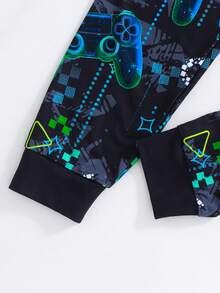 SHEIN 2pcs Tween Boy Snug Fit Glow Gaming Graphic Print Crew Neck Long Sleeve Top And Pants Comfortable Loungewear Set - Black - View 6