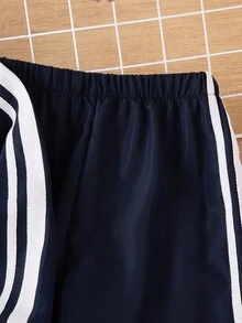 2pcs/Set Jaket Kasual Kerah Tegak Setengah Resleting untuk Anak Laki-laki dengan Desain Pita, Cocok untuk Sekolah, Perjalanan, dan Pakaian Olahraga di Musim Gugur/Dingin - Navy Blue - View 3