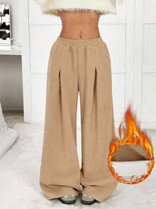 SHEIN EZwear 女式纯色松紧腰褶皱阔腿宽松休闲保暖内衬裤 - 駝色 - 查看 3