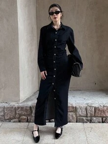 K-Vae Women's Winter Black Denim Long Dress, Elegant Button-Down Long-Sleeved Dress, Waist-Hugging Daily Commuting Dress,New Year's Wear - Black - View 6