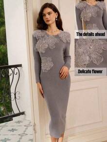 Omancia Women's 3D Floral Pearl Sexy Luxury Casual Knit Sweater Dress, Suitable For Party, Halloween, Thanksgiving, New Year, Christmas, Autumn/Winter