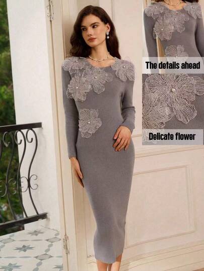 Penseblé Women's 3D Floral Pearl Sexy Luxury Casual Knit Sweater Dress, Suitable For Party, Halloween, Thanksgiving, New Year, Christmas, Autumn/Winter