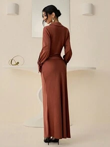 Lyxana 女式纯色方领长袖衬衫和中长裙优雅两件套 - 棕色 - 查看 2
