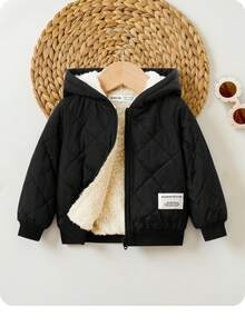 SHEIN Baby Boy Letter Patched Detail Plush Lined Zipper Hooded Quilted Coat Baby Boy Jacket Winter - Black - View 2