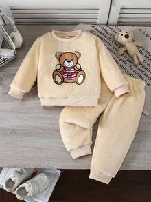 SHEIN 可爱熊图案圆领毛绒男婴服装 - 卡其色 - 查看 1