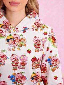 Strawberry Shortcake X SHEIN Women's Funny & Cute All-Over Print Dropped Shoulder Loose Hoodie - White - View 3