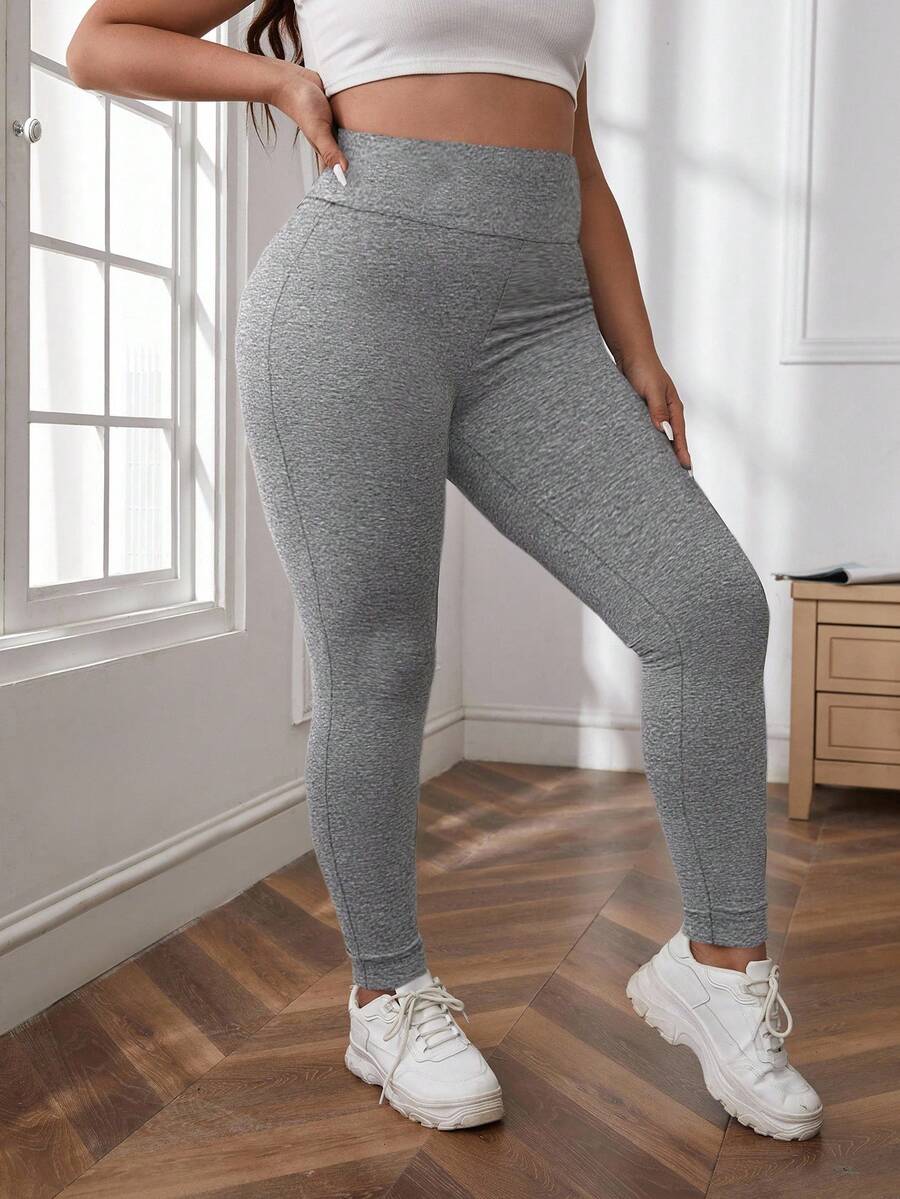 SHEIN LUNE 大码女式纯色高腰休闲紧身裤女式紧身裤灰色紧身裤健身服女式紧身裤 - 灰色 - 查看 1