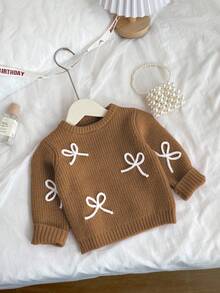 SHEIN Vintaside Kids 时尚百搭可爱蝴蝶结针织套头毛衣，适合小女孩秋季穿着。蝴蝶结毛衣，棕色毛衣，4岁女孩毛衣，秋冬服装，针织毛衣，女童毛衣，女童针织上衣，小女孩长袖服装，女童针织上衣，棕色毛衣，女童针织毛衣，小女孩服装，秋冬毛衣。 - 棕色 - 查看 3