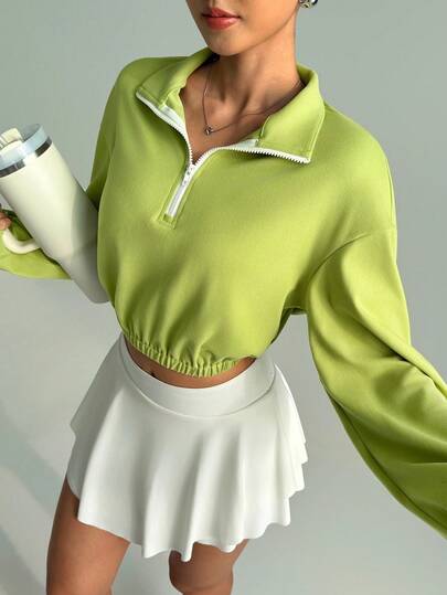 Dewbera 女士网球风格健身跑步户外休闲宽松半拉链立领瑜伽运动长袖运动衫