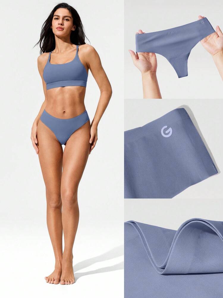 2 Packs Lightweight Breathable Sweat-Wicking Medium-Waist Seamless No-Show Thong Underwear Daily Workout