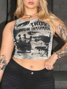 Arliah Tie-Dye Eyes Letter Print Tank Top, School - Multicolor - View 6