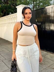NegzBox Áo crop top bó màu tương phản mùa hè màu mơ và đen - Màu be - Xem 6