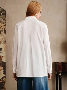 Arave 女式 100% 纯棉休闲宽松衬衫，肩部和袖子饰有花卉蕾丝花边 - 米色 - 查看 7