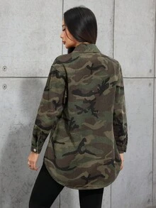 Teen Girl Camouflage Denim Lapel Long Sleeve Long Jacket