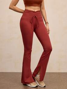 Activina Calça Flare Feminina de Cor Sólida com Design de Babado e Cordão na Cintura - Vinho - Visão 3
