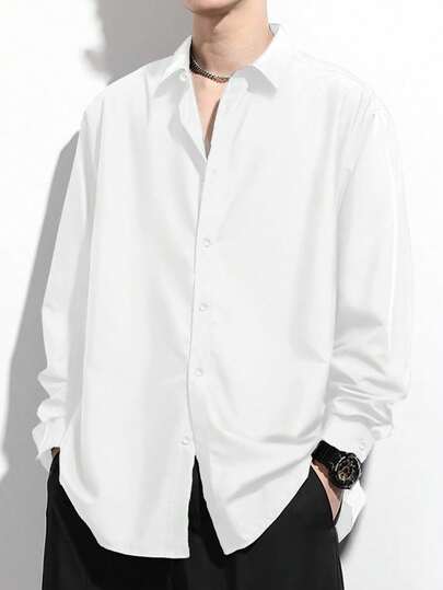 Manfinity EZcore Plus Size Men's Solid Color Long Sleeve Single-Breasted Loose Casual Shirt