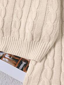 Franclia 女式休闲圆领落肩长袖麻花图案毛衣，秋冬 - 杏色 - 查看 4