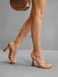 CUCCOO SZL Rose Gold Metallic Strap Tie-Up Metallic Chic Sexy High Heel Square Toe Sandals - Rose Gold - View 10