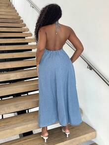 Alexandranx 女士青年布牛仔挂脖露背长裙，秋季女装，假日，复古连衣裙，女士端庄连衣裙 - 淺色水洗藍 - 查看 2