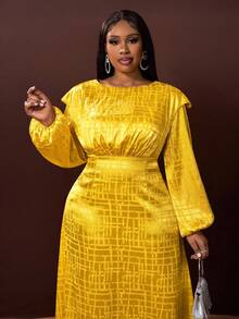 Veslaya 2025 Autumn/Winter New Plus Size Women's Dress, Elegant Fitted Textured Fabric Yellow Waist Dress, Suitable For Country Music Concerts, Weddings, Dates, Parties, Formal Events - Yellow - View 6