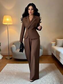 Elenzga 女士新款秋冬万圣节、圣诞节、感恩节、新年优雅派对、通勤、办公室服装、商务休闲女装、收腰纽扣修身长袖不对称长裤带口袋、日常时尚卡其色/棕色两件套西装套装 - 咖啡棕 - 查看 3