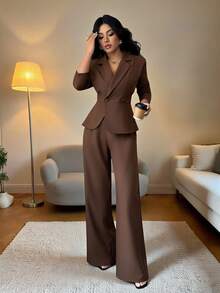 Elenzga 女士新款秋冬万圣节、圣诞节、感恩节、新年优雅派对、通勤、办公室服装、商务休闲女装、收腰纽扣修身长袖不对称长裤带口袋、日常时尚卡其色/棕色两件套西装套装 - 咖啡棕 - 查看 5