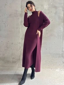 Firerie Women's Burgundy Vintage French Fitted Knit Dress And Cardigan Two Pieces Set, Dress And Cardigan Sweater Suit, Elegant Commuter Women's Outfit, Autumn/Winter Clothing, Graceful, Commuter,Cozy Fall And Winter Clothes For Women,New Year Clothes