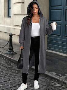 EMERY ROSE 秋季大码女式字母印花落肩长袖拉链长款休闲连帽外套 - 灰色 - 查看 4