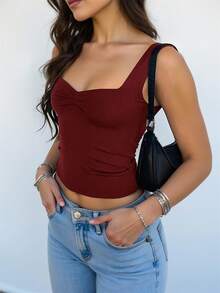 INAWLY 女士纯色简约日常褶皱吊带背心 - 紅色 - 查看 3