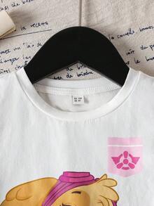 SHEIN | PAW Patrol T-shirt à manches courtes avec imprimé chien de dessin animé, couleurs contrastées, pour jeune fille, décontracté, pour les trajets quotidiens, été