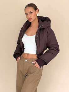 Almamuse Women's Casual Cinched Waist Zip-Up Hooded Jacket, Versatile For Winter - Brown - View 5
