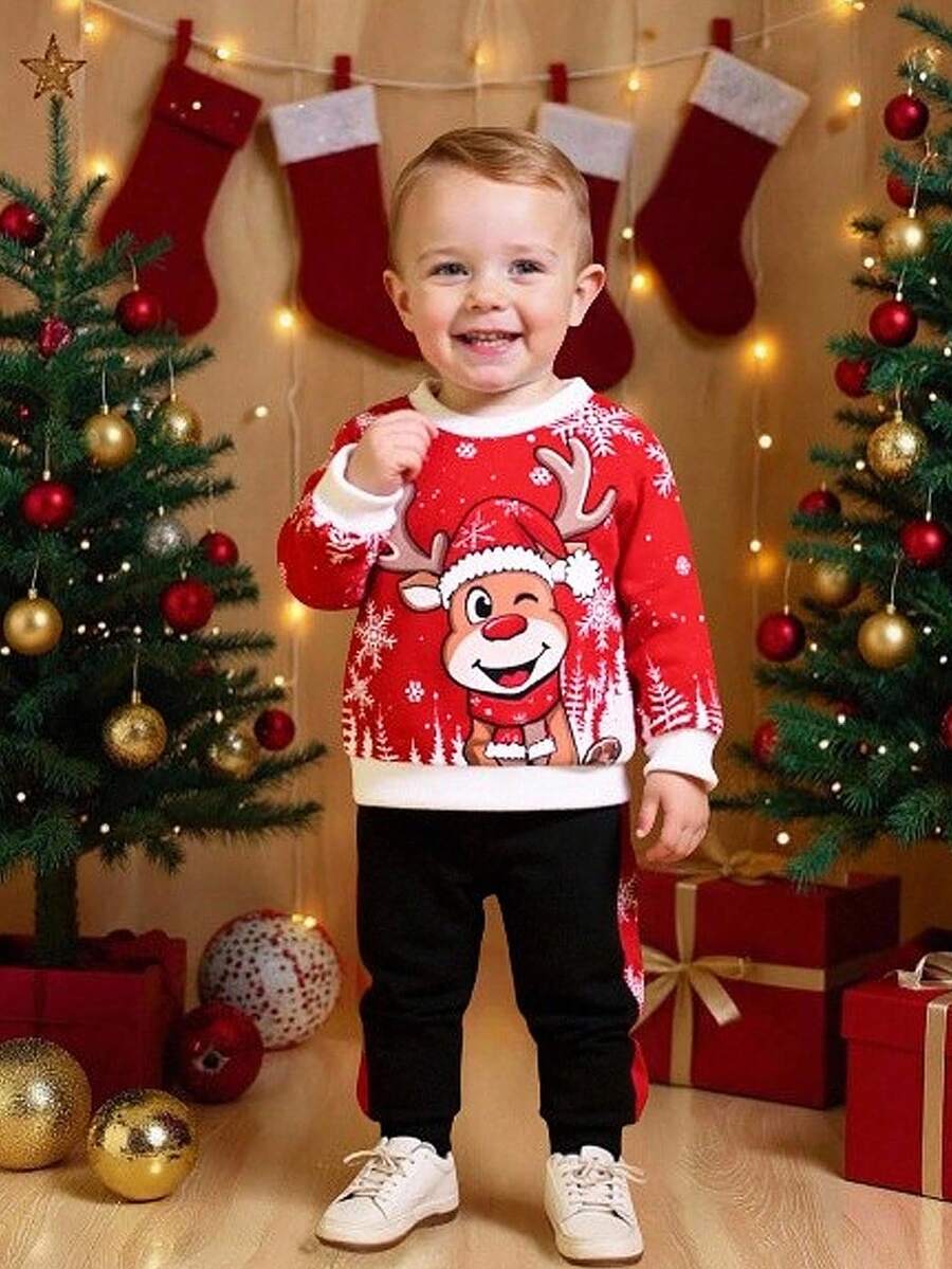 2 Stücke Baby/Kleinkind Jungen Weihnachts-Themen Grafik Rundhals Langarm Top und Hose Set - Rot - Übersicht 1