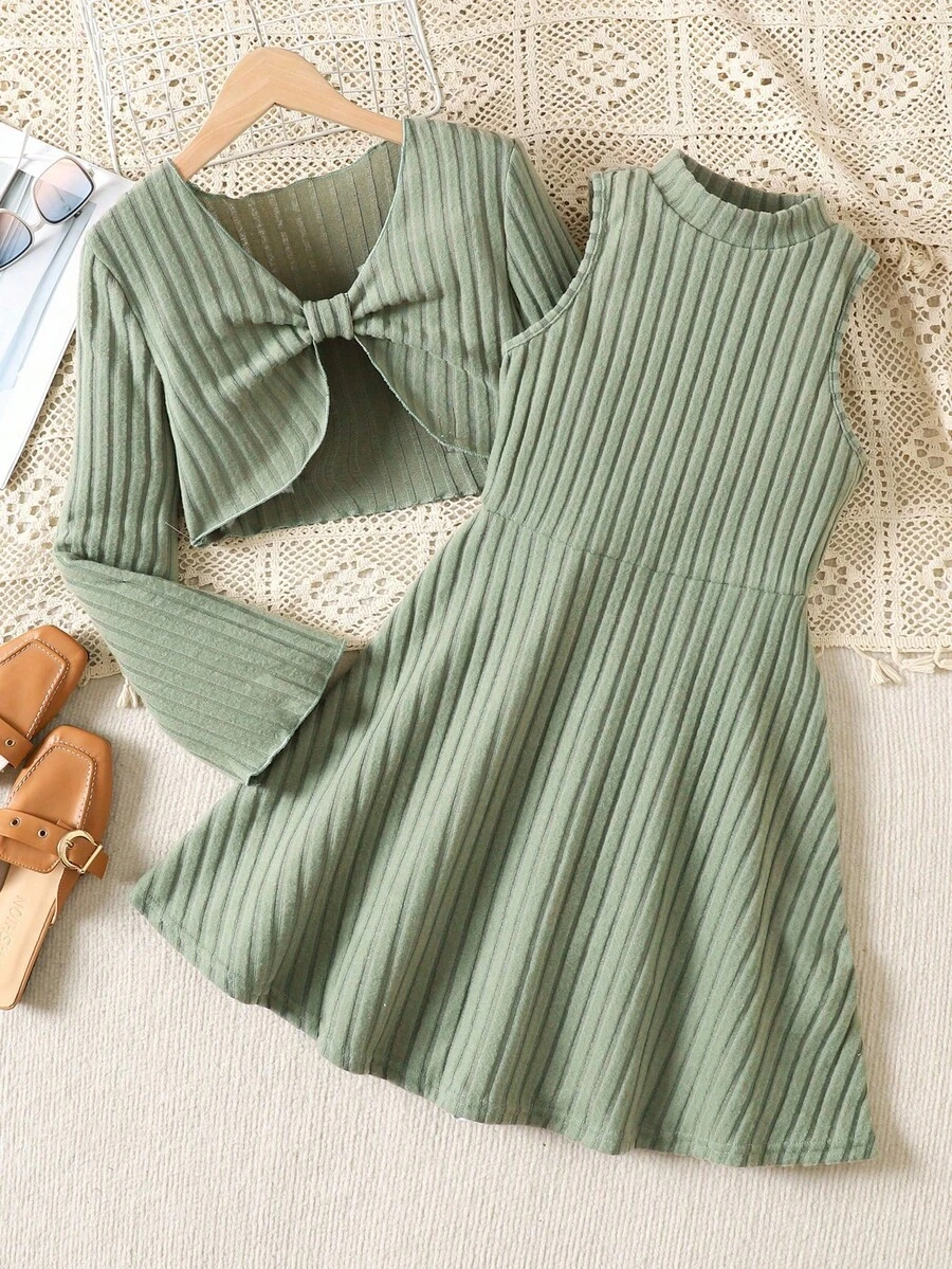 SHEIN 2 件套青少年女孩休闲喇叭袖上衣和 A 字吊带连衣裙套装，春秋季 - 綠色 - 查看 1