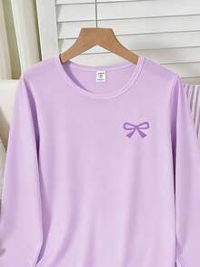 2pcs/Set Teenage Girls Elegant Solid Purple Bow Decor Round Neck Long Sleeve Top And Purple Striped Pants Casual Comfortable Loungewear Purple Pajamas Set - Purple - View 4
