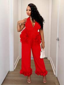 BamGleam Women 3D Floral Halter Sleeveless Top And Long Pants Suit, 2 Pieces Set