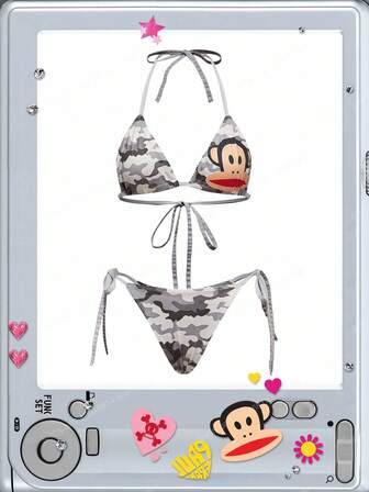 Paul Frank X ROMWE Ensemble soutien-gorge sans fil et culotte imprimé camouflage et singe pour femmes