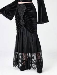 ROMWE EDITION Damen Vintage Palast Romantisch Gotisch Samt Kontrast Spitze Rock