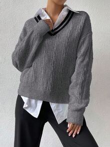 EMERY ROSE Suéter casual de hombros caídos con cuello de contraste, otoño/invierno - Gris - Ver 3