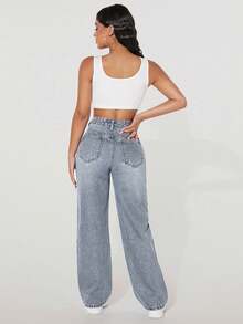 SHEIN PETITE Women's Casual Fashion Street Distressed Loose Straight Leg Jeans - Blue - View 4